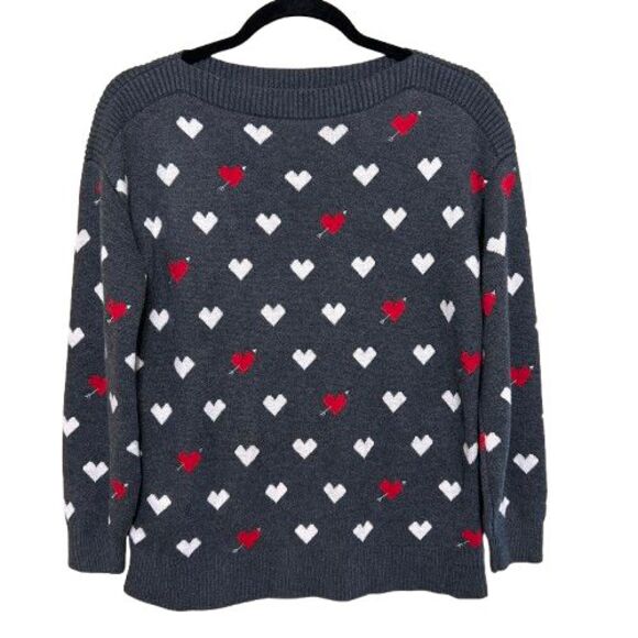 Loft Heart Print Boatneck Sweater Womens MP Medium Petite Gray 3/4 Sleeve - Picture 1 of 6